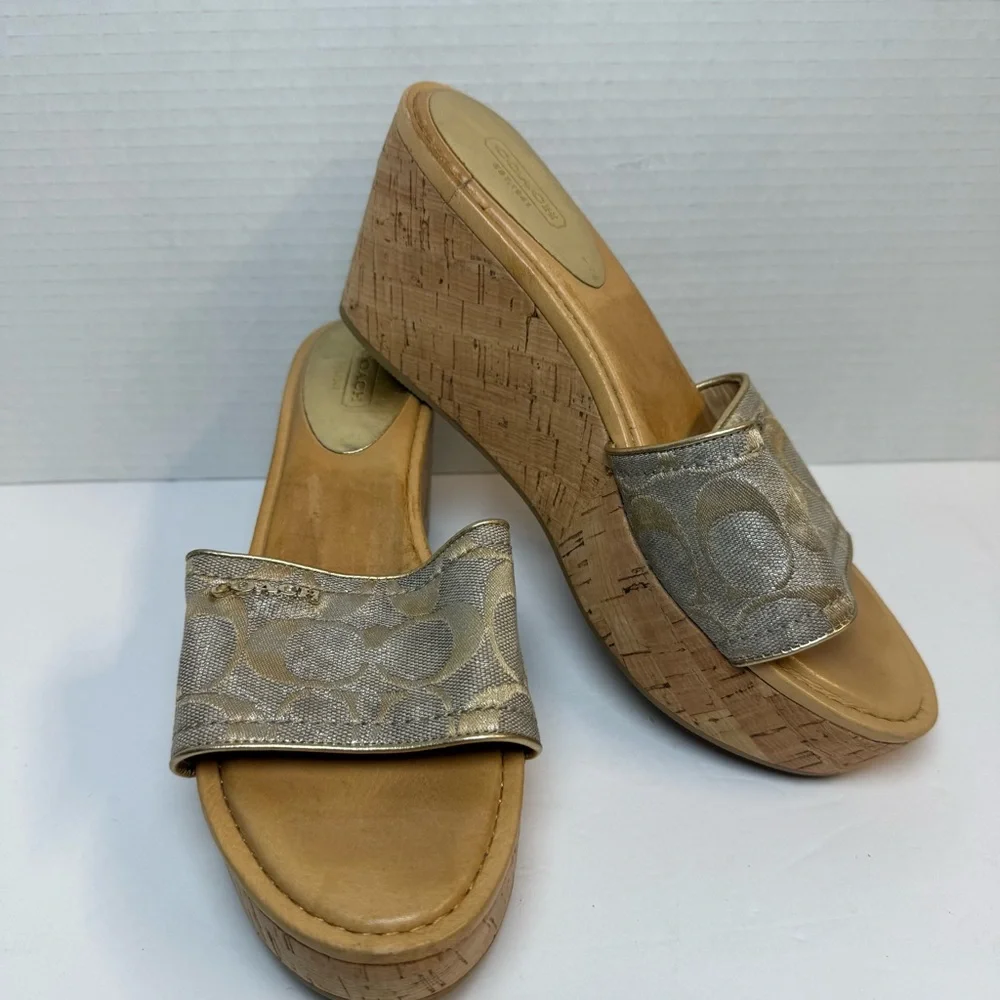 Coach Signature Gold Metallic‎ Cork Wedge Slides – Women’s size 9.5B